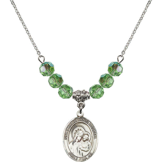 Sterling Silver Our Lady of Good Counsel Birthstone Necklace with Peridot Beads - 8287