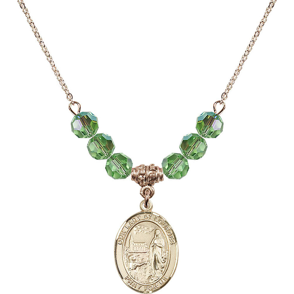 14kt Gold Filled Our Lady of Lourdes Birthstone Necklace with Peridot Beads - 8288