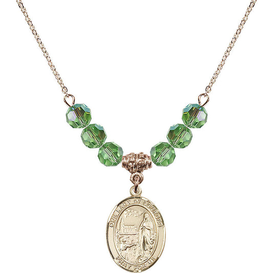 14kt Gold Filled Our Lady of Lourdes Birthstone Necklace with Peridot Beads - 8288