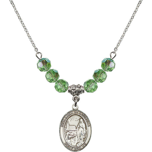 Sterling Silver Our Lady of Lourdes Birthstone Necklace with Peridot Beads - 8288