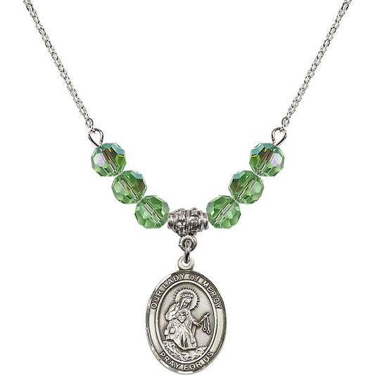 Sterling Silver Our Lady of Mercy Birthstone Necklace with Peridot Beads - 8289