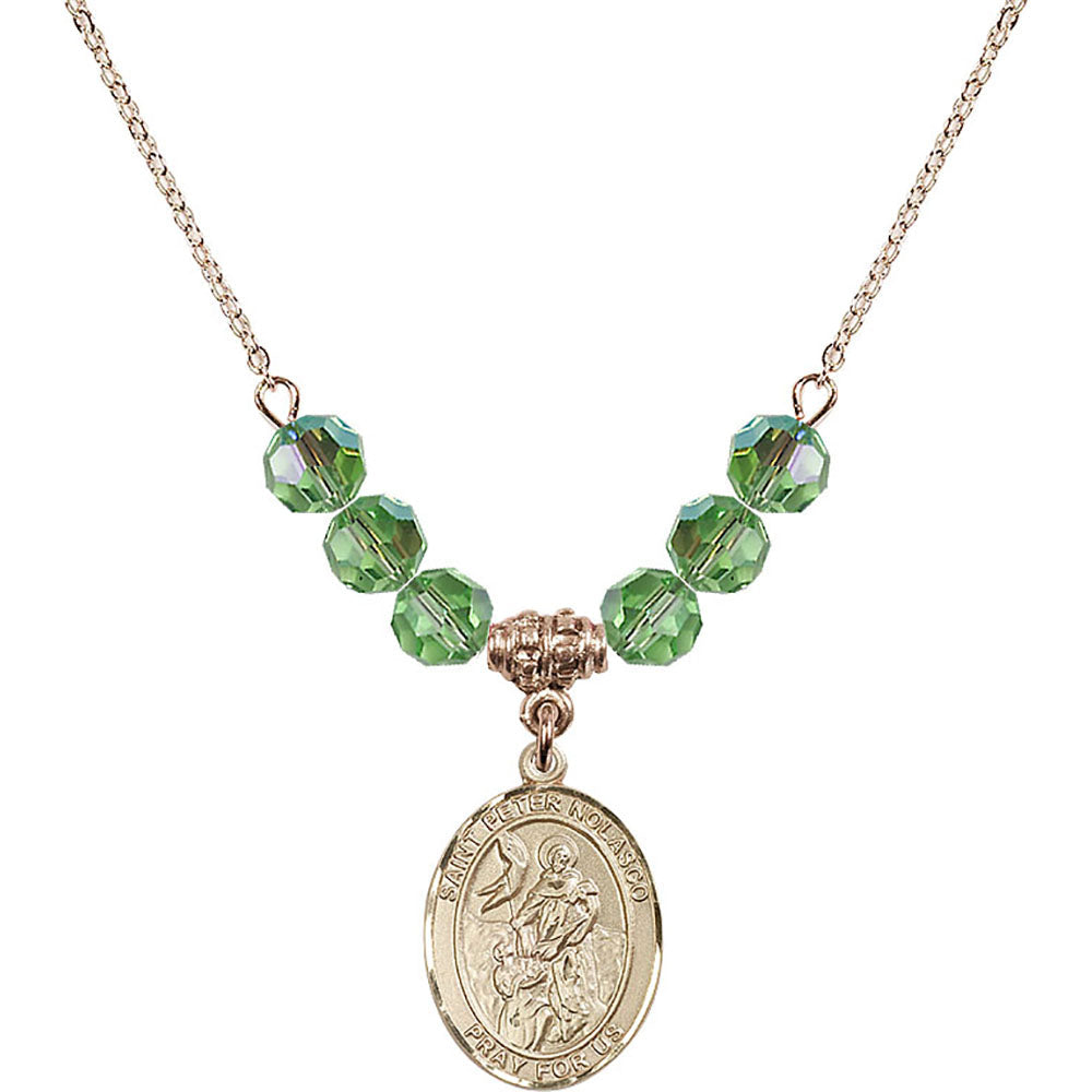 14kt Gold Filled Saint Peter Nolasco Birthstone Necklace with Peridot Beads - 8291