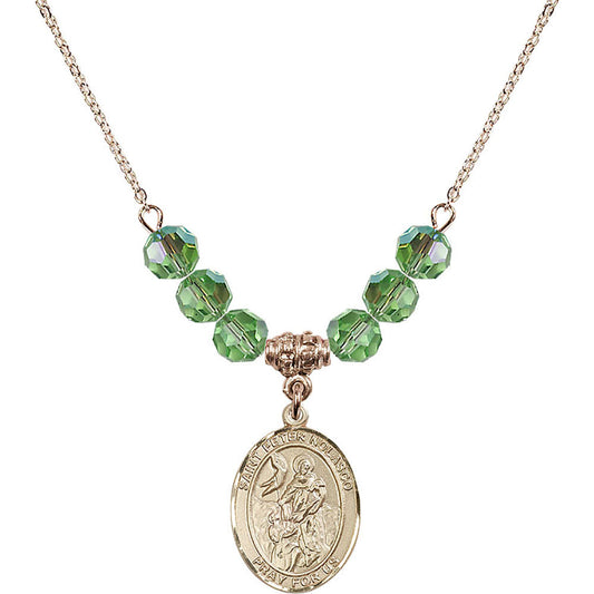 14kt Gold Filled Saint Peter Nolasco Birthstone Necklace with Peridot Beads - 8291