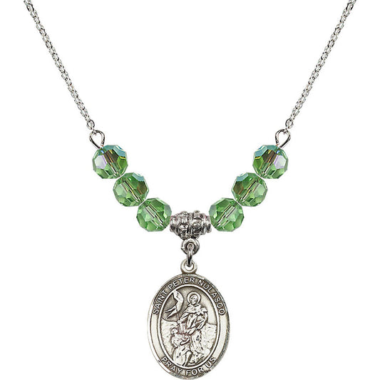 Sterling Silver Saint Peter Nolasco Birthstone Necklace with Peridot Beads - 8291