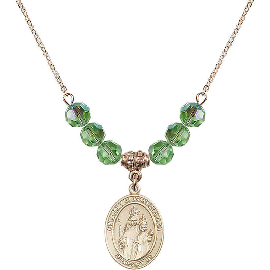 14kt Gold Filled Our Lady of Consolation Birthstone Necklace with Peridot Beads - 8292
