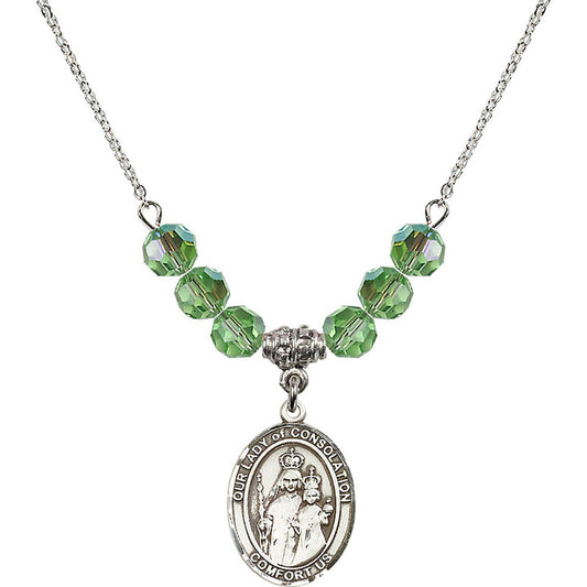 Sterling Silver Our Lady of Consolation Birthstone Necklace with Peridot Beads - 8292
