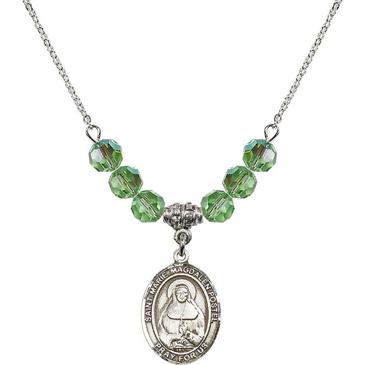 Sterling Silver Saint Marie Magdalen Postel Birthstone Necklace with Peridot Beads - 8294