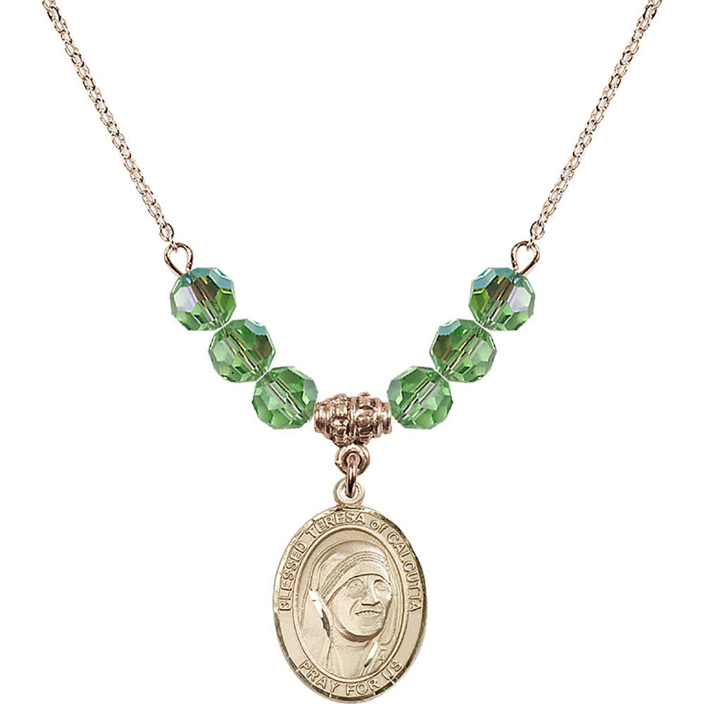 14kt Gold Filled Saint Teresa of Calcutta Birthstone Necklace with Peridot Beads - 8295