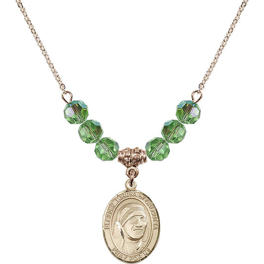 14kt Gold Filled Saint Teresa of Calcutta Birthstone Necklace with Peridot Beads - 8295