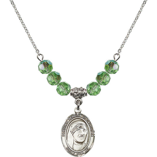 Sterling Silver Saint Teresa of Calcutta Birthstone Necklace with Peridot Beads - 8295