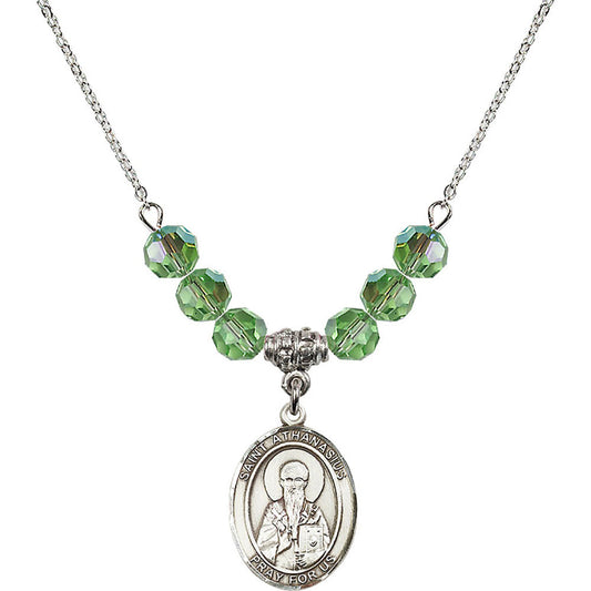 Sterling Silver Saint Athanasius Birthstone Necklace with Peridot Beads - 8296
