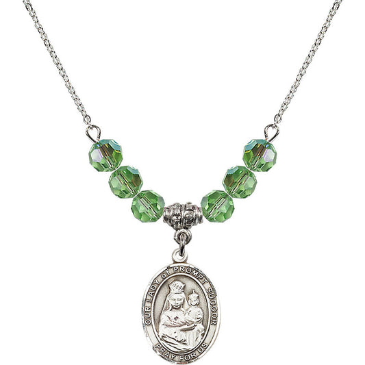 Sterling Silver Our Lady of Prompt Succor Birthstone Necklace with Peridot Beads - 8299