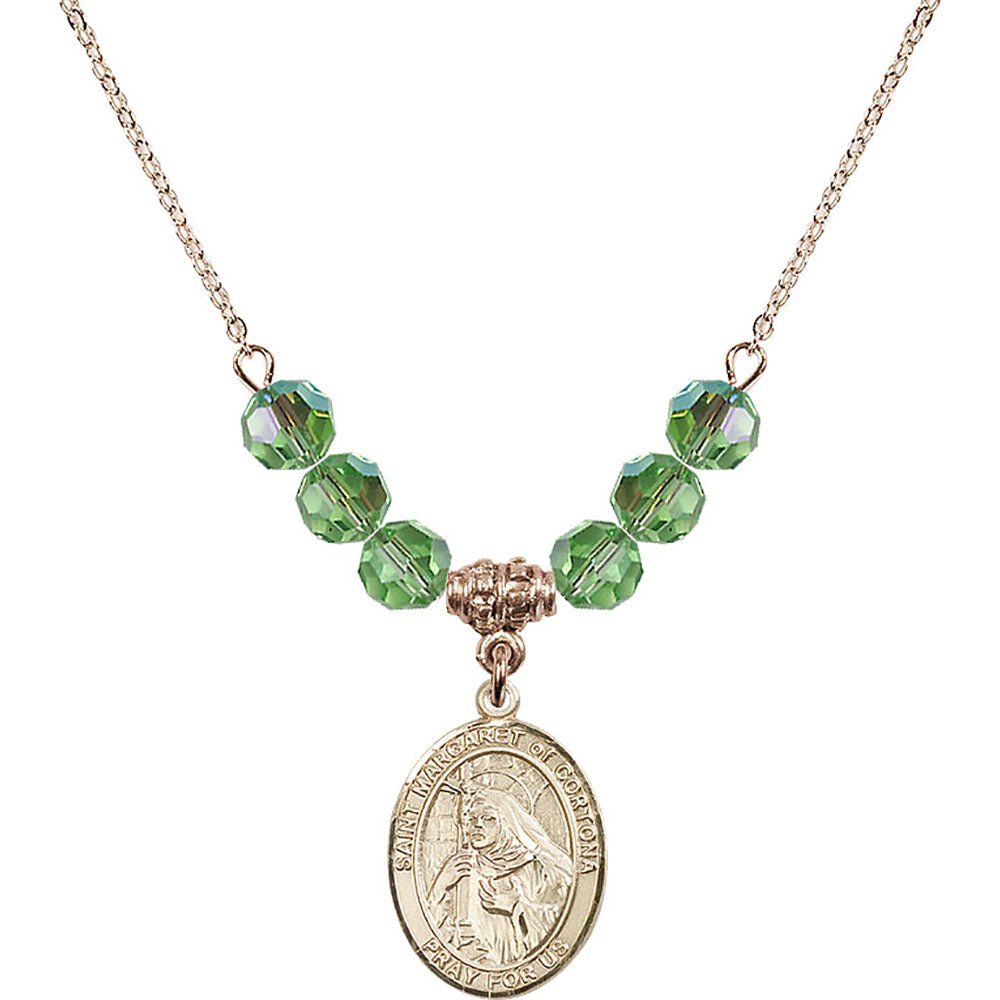 14kt Gold Filled Saint Margaret of Cortona Birthstone Necklace with Peridot Beads - 8301