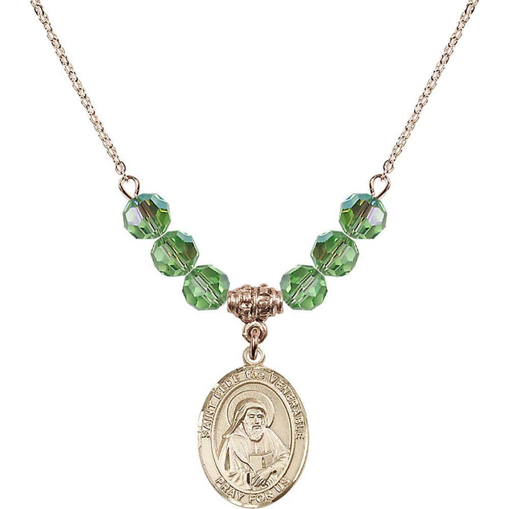 14kt Gold Filled Saint Bede the Venerable Birthstone Necklace with Peridot Beads - 8302