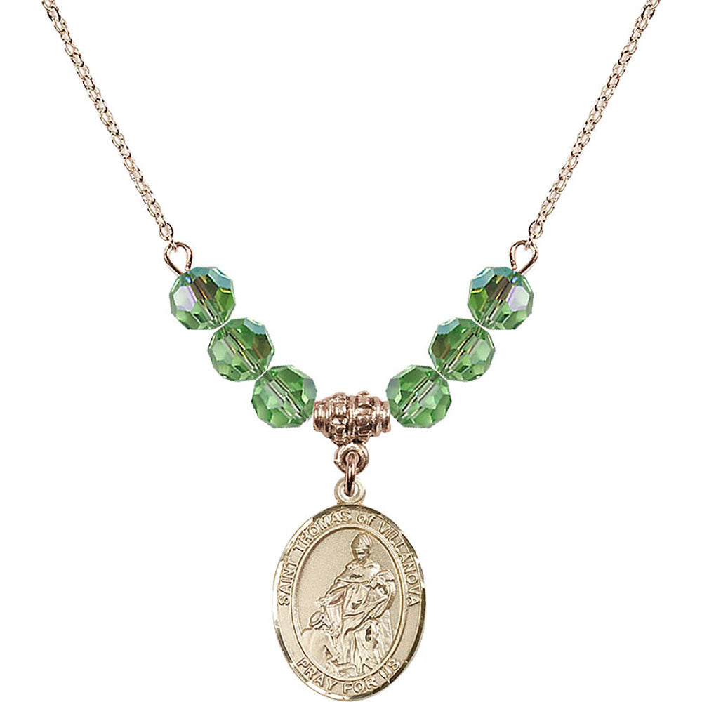 14kt Gold Filled Saint Thomas of Villanova Birthstone Necklace with Peridot Beads - 8304