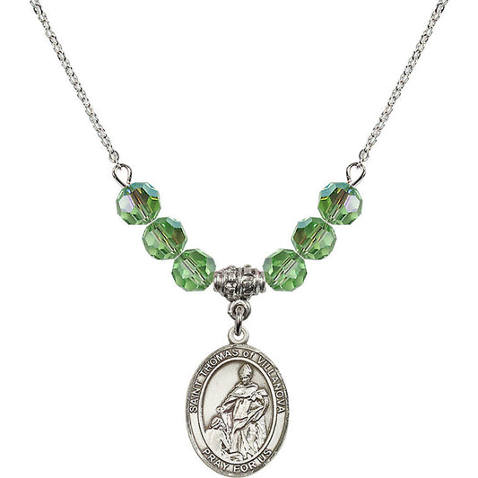 Sterling Silver Saint Thomas of Villanova Birthstone Necklace with Peridot Beads - 8304