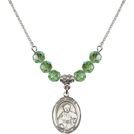 Sterling Silver Saint Pius X Birthstone Necklace with Peridot Beads - 8305