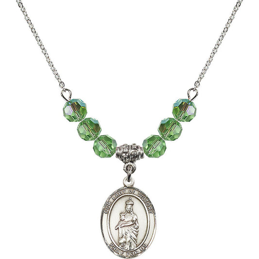 Sterling Silver Our Lady of Victory Birthstone Necklace with Peridot Beads - 8306