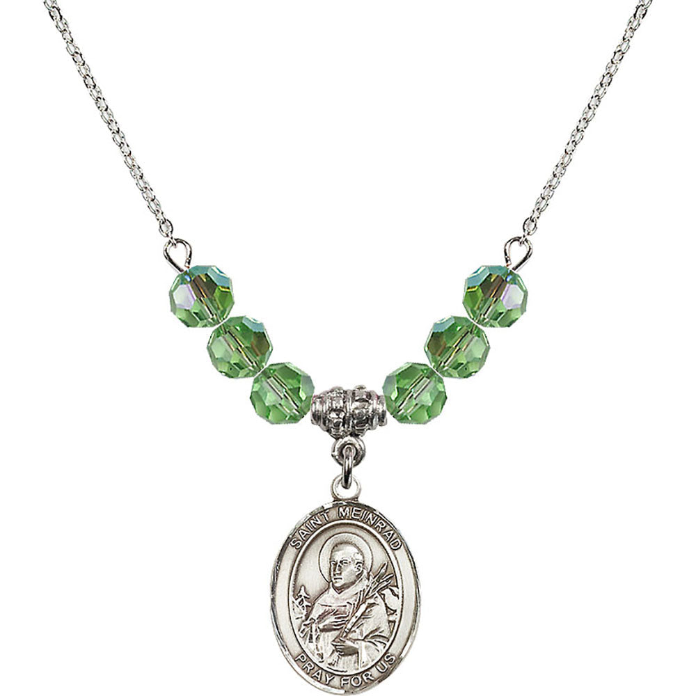 Sterling Silver Saint Meinrad of Einsiedeln Birthstone Necklace with Peridot Beads - 8307