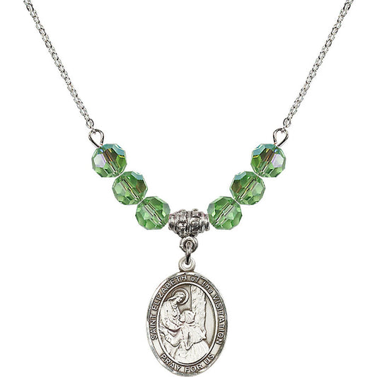 Sterling Silver Saint Elizabeth of the Visitation Birthstone Necklace with Peridot Beads - 8311