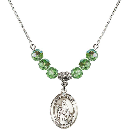 Sterling Silver Saint Amelia Birthstone Necklace with Peridot Beads - 8313