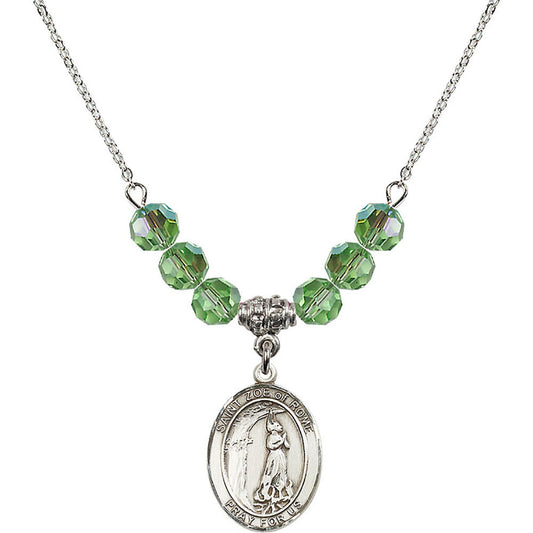 Sterling Silver Saint Zoe of Rome Birthstone Necklace with Peridot Beads - 8314