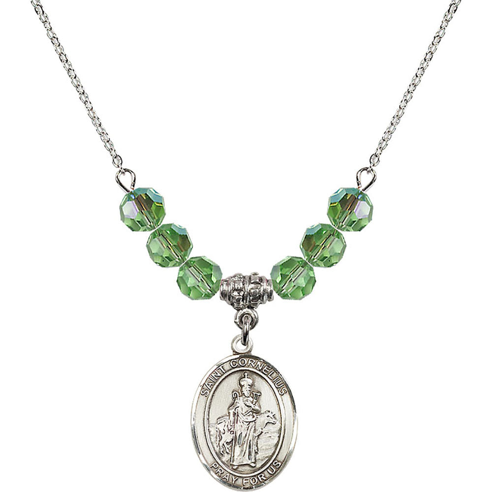 Sterling Silver Saint Cornelius Birthstone Necklace with Peridot Beads - 8325
