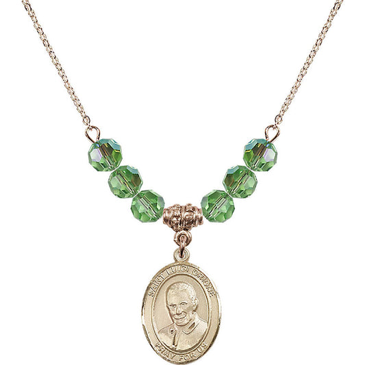 14kt Gold Filled Saint Luigi Orione Birthstone Necklace with Peridot Beads - 8326