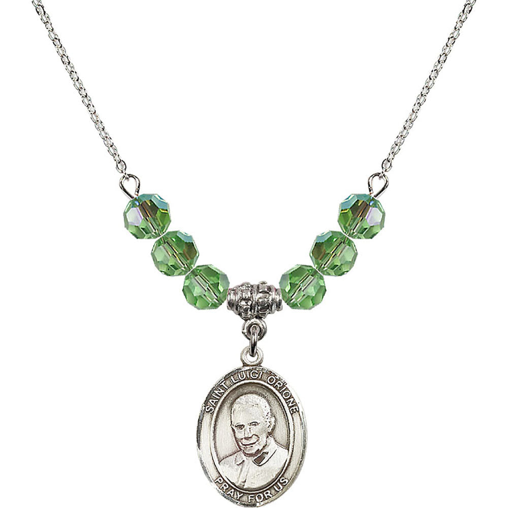 Sterling Silver Saint Luigi Orione Birthstone Necklace with Peridot Beads - 8326