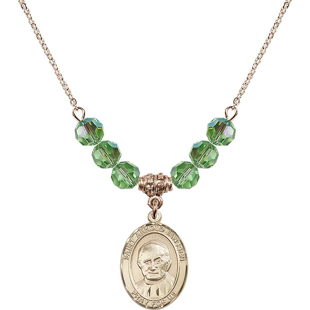 14kt Gold Filled Saint Arnold Janssen Birthstone Necklace with Peridot Beads - 8328