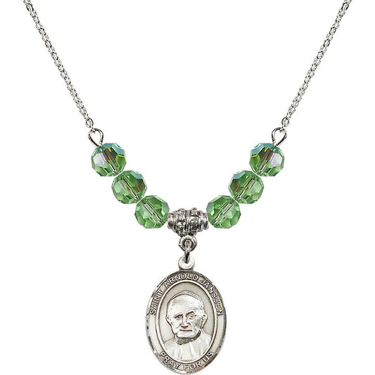 Sterling Silver Saint Arnold Janssen Birthstone Necklace with Peridot Beads - 8328