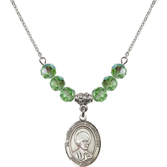 Sterling Silver Saint Louis Marie de Montfort Birthstone Necklace with Peridot Beads - 8330