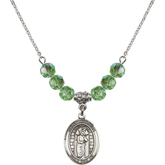Sterling Silver Saint Matthias the Apostle Birthstone Necklace with Peridot Beads - 8331