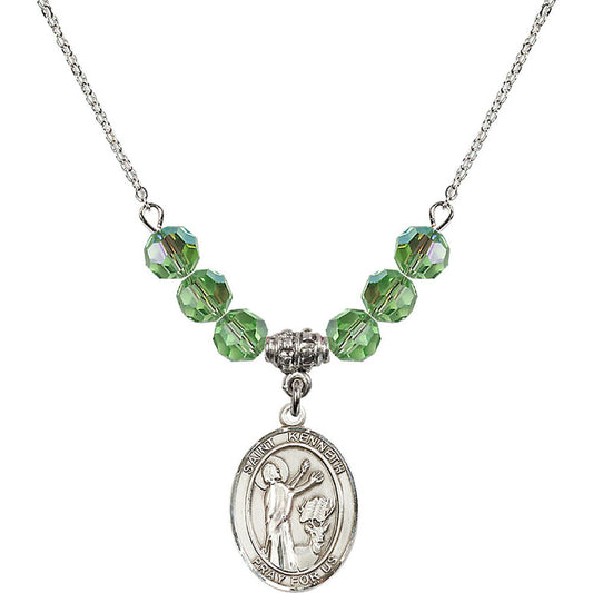 Sterling Silver Saint Kenneth Birthstone Necklace with Peridot Beads - 8332