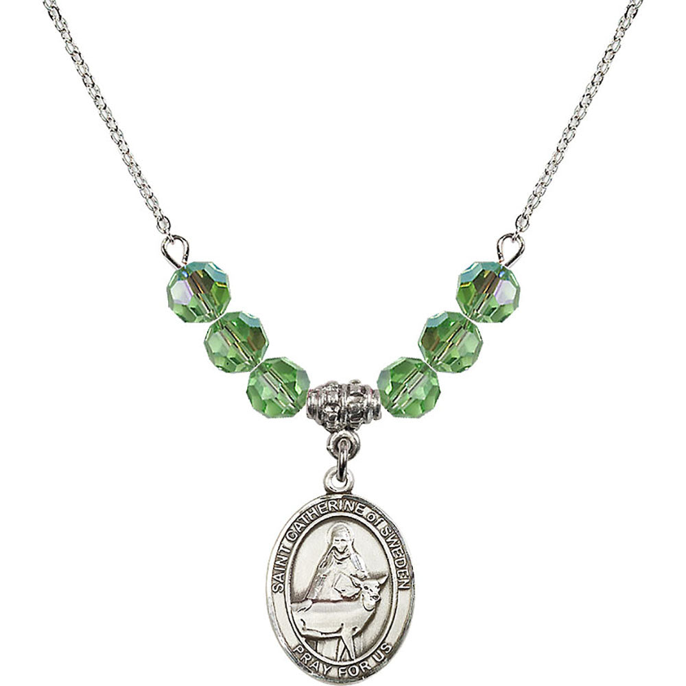 Sterling Silver Saint Catherine of Sweden Birthstone Necklace with Peridot Beads - 8336