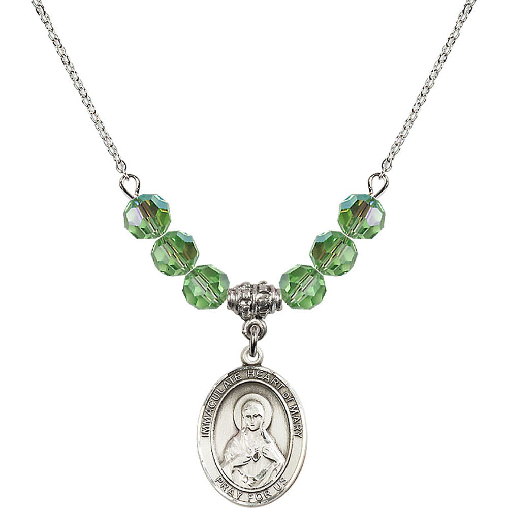 Sterling Silver Immaculate Heart of Mary Birthstone Necklace with Peridot Beads - 8337
