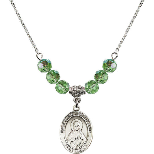 Sterling Silver Immaculate Heart of Mary Birthstone Necklace with Peridot Beads - 8337