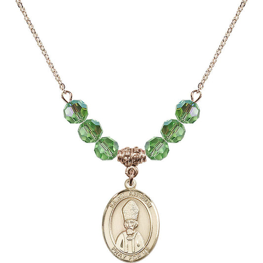 14kt Gold Filled Saint Anselm of Canterbury Birthstone Necklace with Peridot Beads - 8342