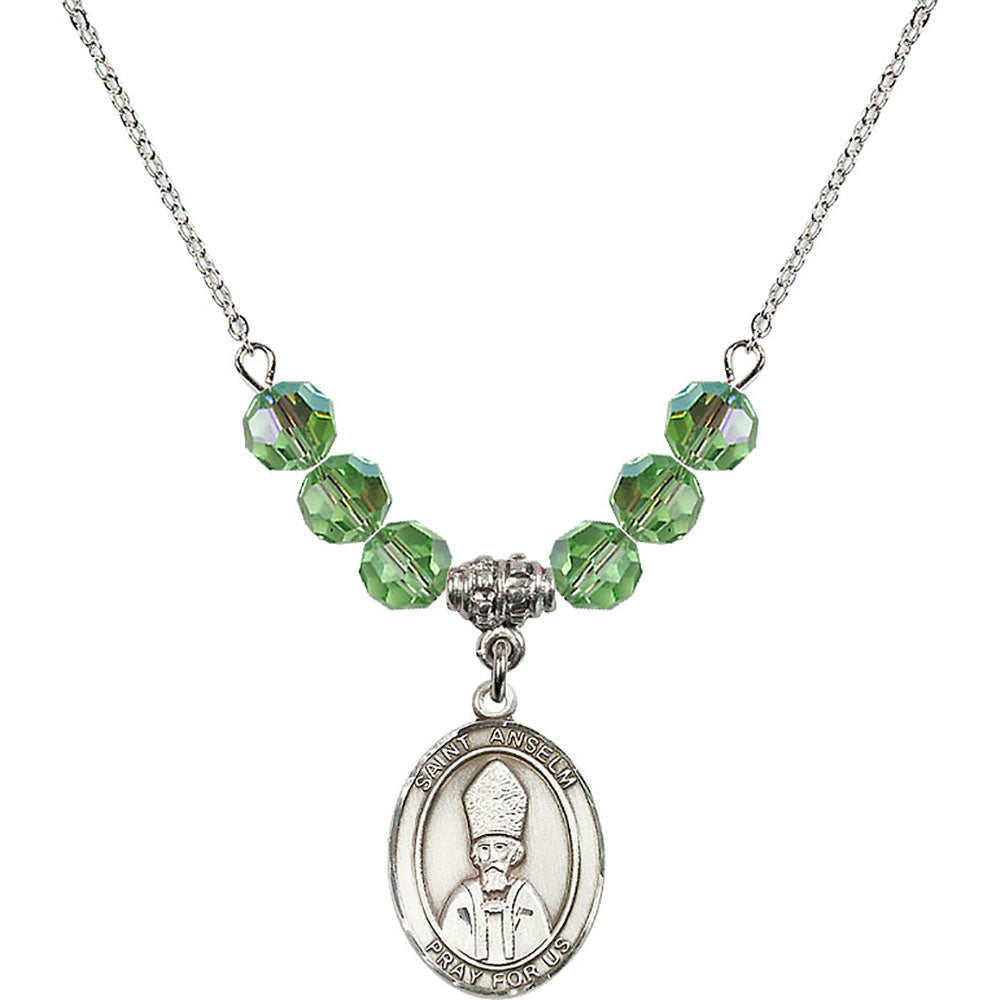 Sterling Silver Saint Anselm of Canterbury Birthstone Necklace with Peridot Beads - 8342