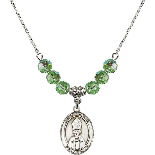 Sterling Silver Saint Anselm of Canterbury Birthstone Necklace with Peridot Beads - 8342