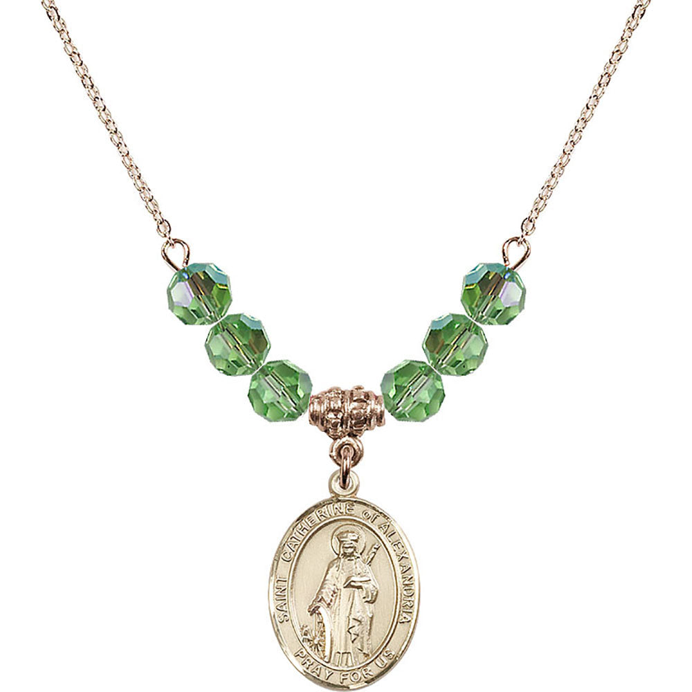 14kt Gold Filled Saint Catherine of Alexandria Birthstone Necklace with Peridot Beads - 8343