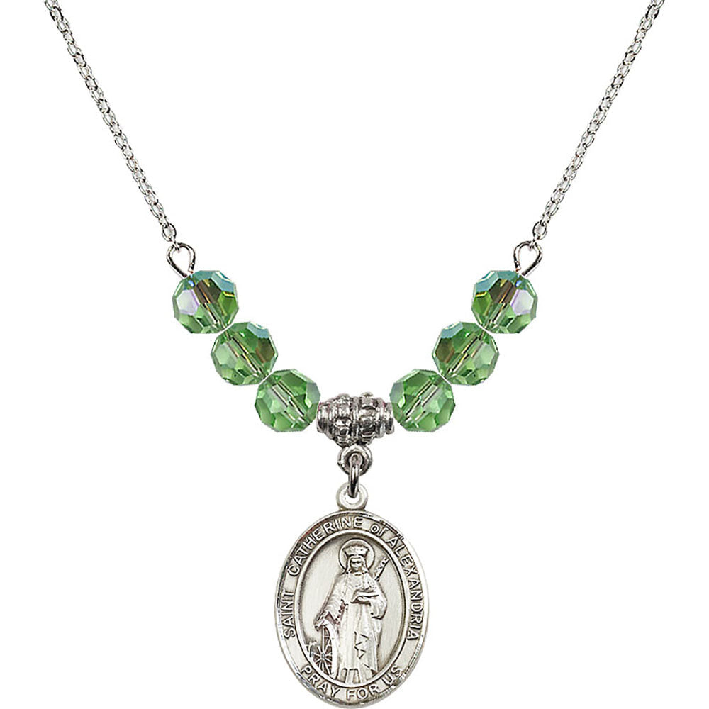 Sterling Silver Saint Catherine of Alexandria Birthstone Necklace with Peridot Beads - 8343