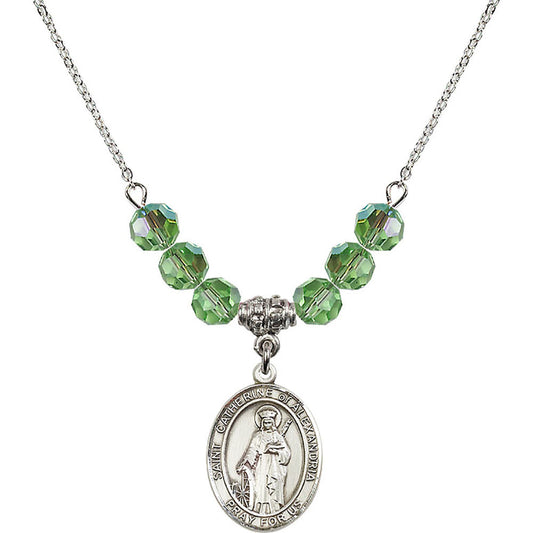 Sterling Silver Saint Catherine of Alexandria Birthstone Necklace with Peridot Beads - 8343