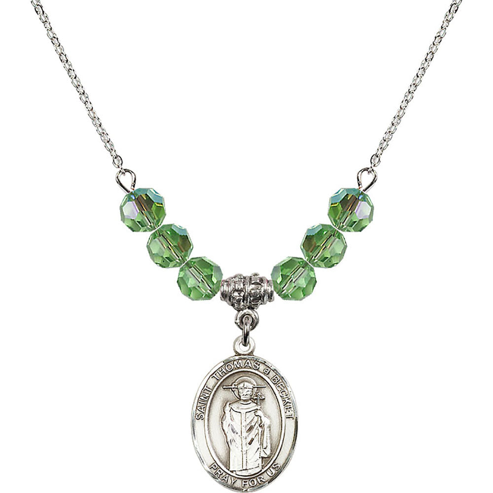 Sterling Silver Saint Thomas A Becket Birthstone Necklace with Peridot Beads - 8344
