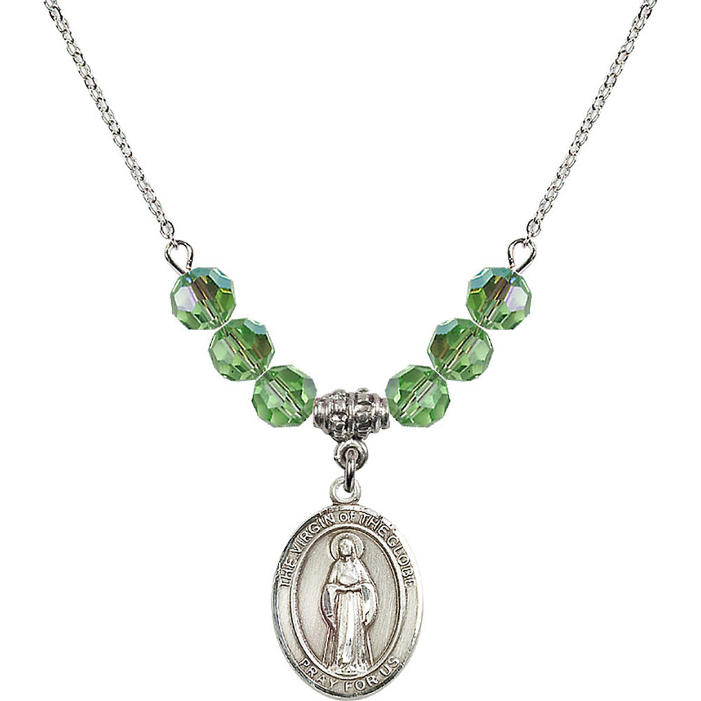 Sterling Silver Virgin of the Globe Birthstone Necklace with Peridot Beads - 8345