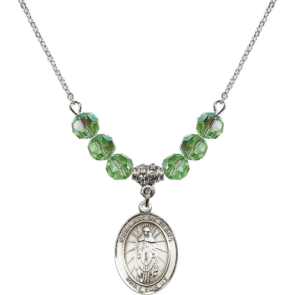 Sterling Silver Our Lady of Tears Birthstone Necklace with Peridot Beads - 8346