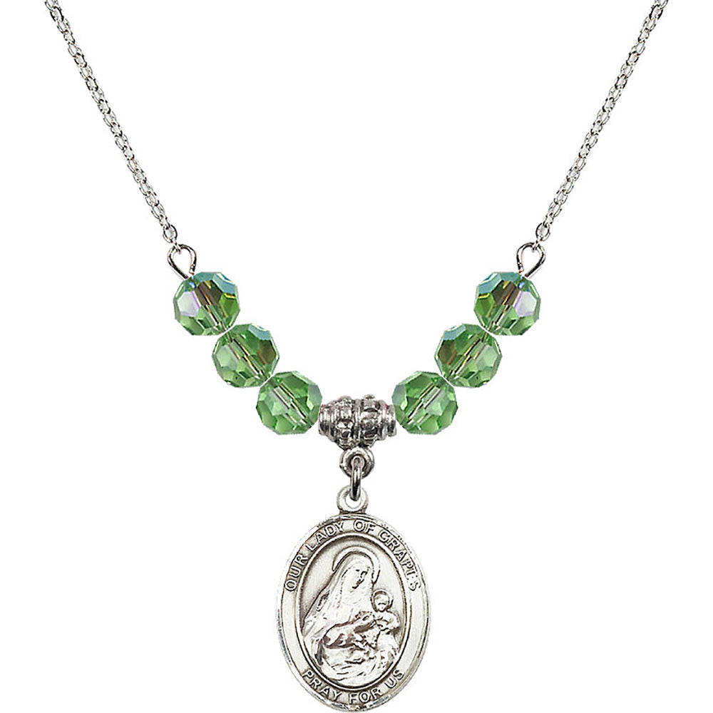 Sterling Silver Our Lady of Grapes Birthstone Necklace with Peridot Beads - 8347