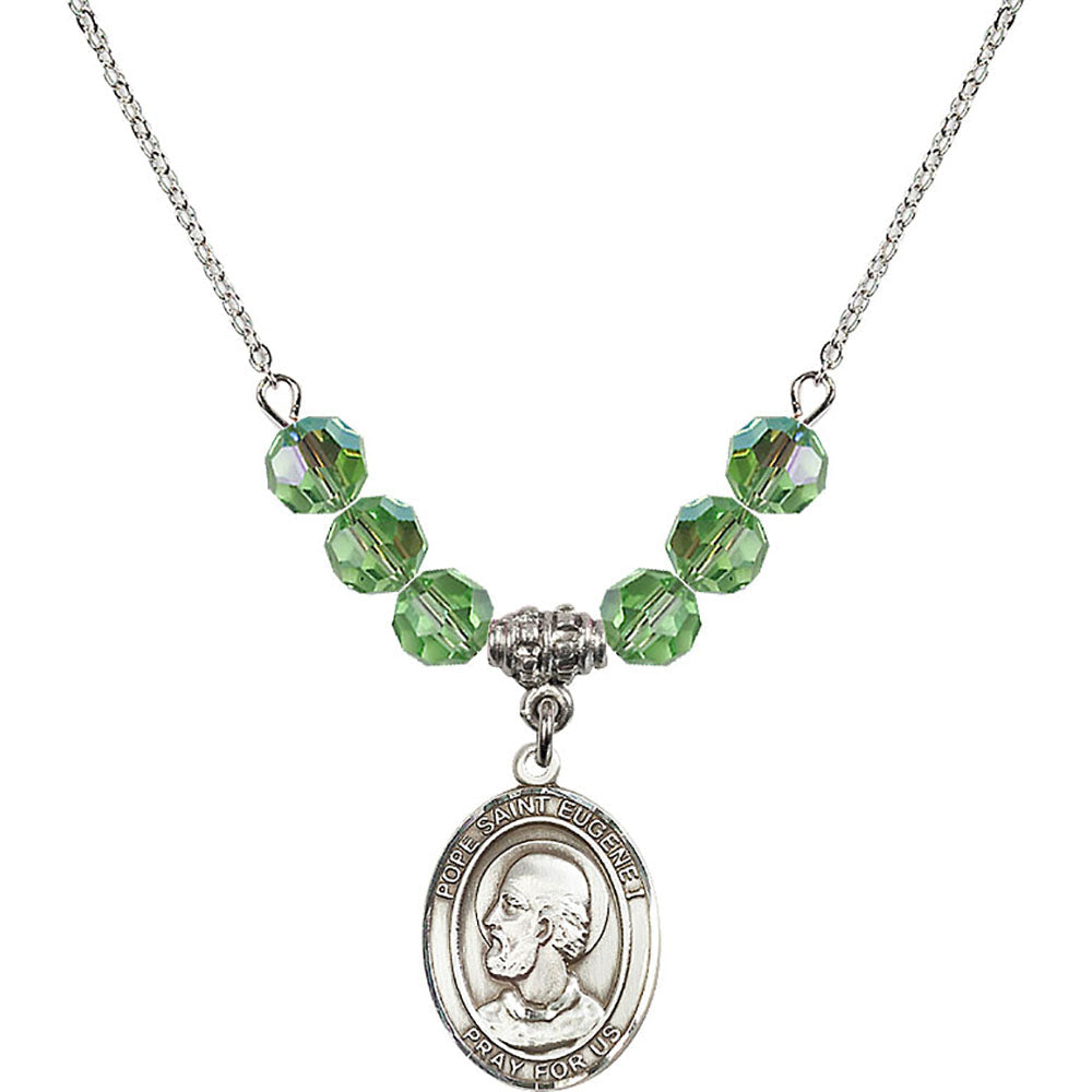 Sterling Silver Pope Saint Eugene I Birthstone Necklace with Peridot Beads - 8352