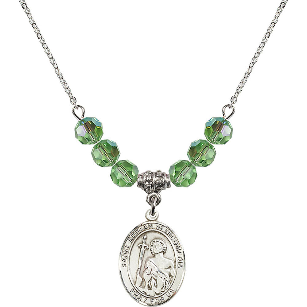 Sterling Silver Saint Adrian of Nicomedia Birthstone Necklace with Peridot Beads - 8353