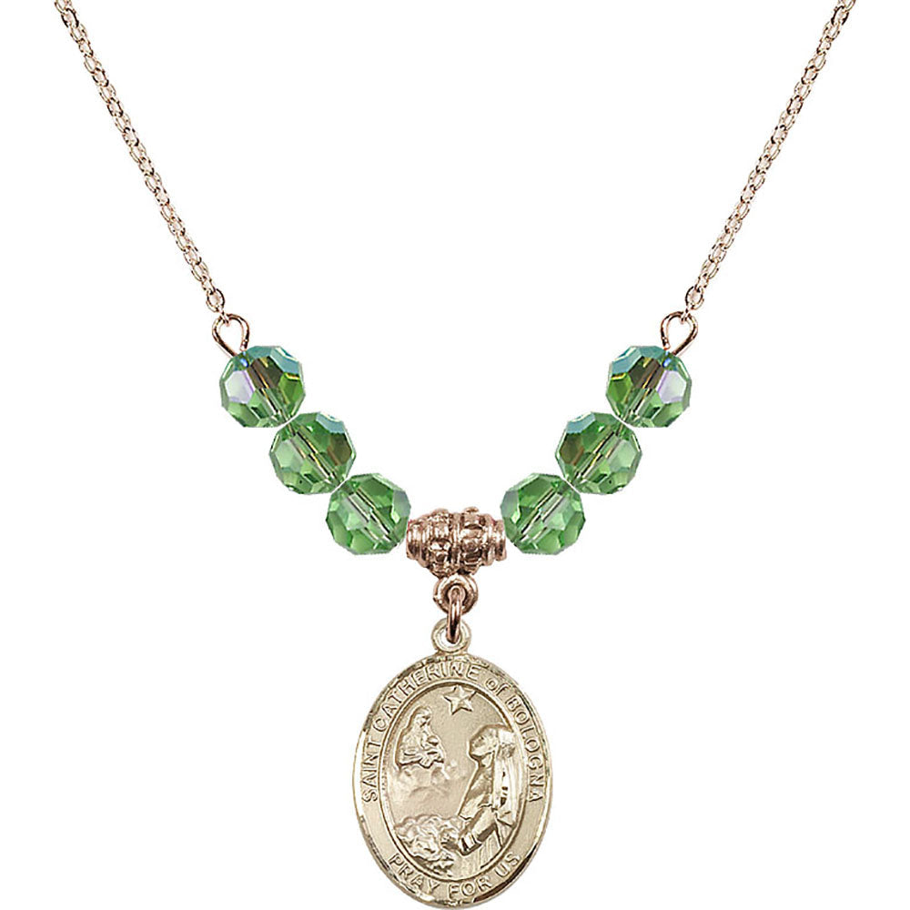 14kt Gold Filled Saint Catherine of Bologna Birthstone Necklace with Peridot Beads - 8354